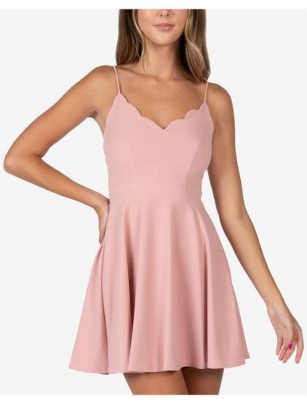 B DARLIN Fit and Flare Skater Mini Dress blush pink scalloped neck 3/4 straps